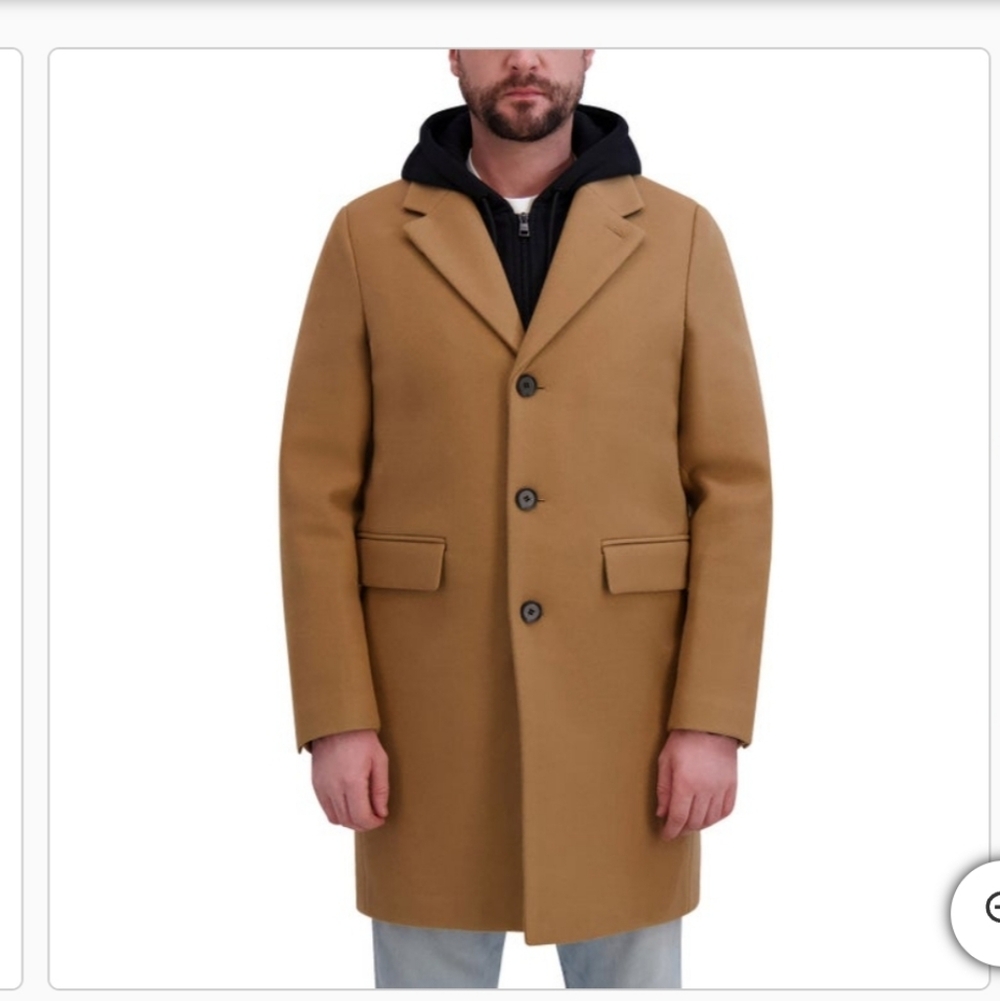 DKNY Mens Overcoat Tan Faux Wool Pockets Removable Bib Hood Heavyweight Nwt